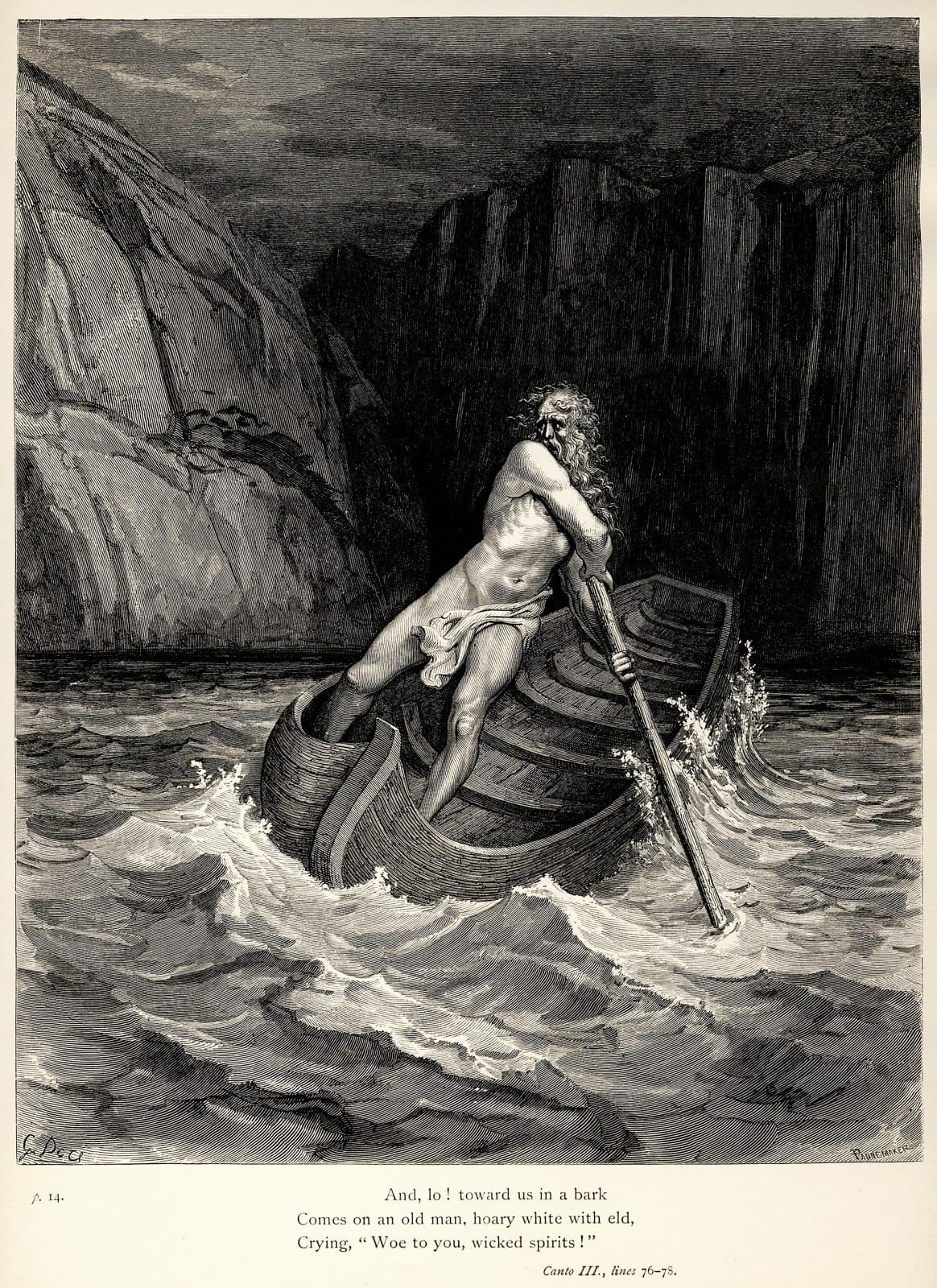 Charon rows his boat across the river Acheron under black cliffs. Engraving by Gustave Doré.