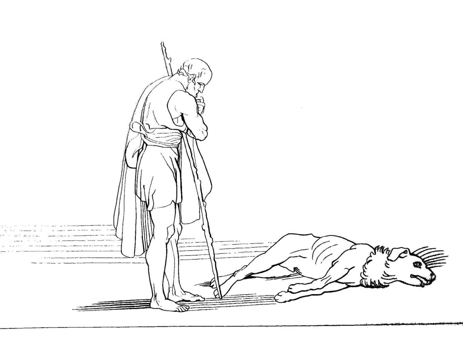 Odysseus, disguised as a beggar, leans on his staff over his dying dog Argos. Engraving after John Flaxman.